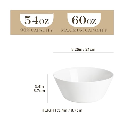 MALACASA 60 OZ Large Salad Soup Bowls Set of 4, White Ceramic Bowls | Deep Bowls for Kitchen, Family Salad, Ramen, Pasta, Pho, Fruit, Microwave & Dishwasher Safe Gift Set, Series REGULAR - size: 60oz(4pcs)