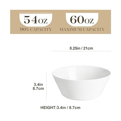 MALACASA 60 OZ Large Salad Soup Bowls Set of 4, White Ceramic Bowls | Deep Bowls for Kitchen, Family Salad, Ramen, Pasta, Pho, Fruit, Microwave & Dishwasher Safe Gift Set, Series REGULAR - size: 60oz(4pcs)