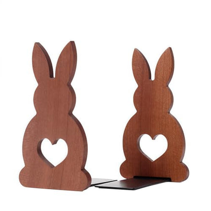 2-Pack Bunny Ebony Bookends, 6.7x3.5in | Solid Wood, Natural Grain, Non-Slip Base, Detachable, for Shelves/Desk/Kids Room - color: Ebony Wood Rabbit
