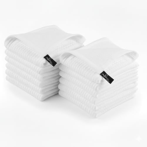 DishCloths Kitchen|Waffle Terry Weave Hand Towels|Cotton 12"x12" Reusable Dish Rags Washing Scrub Cleaning Dishes|Dish Bar Mop Towels Hand Wipes| washcloth |12 Pc Set-White
