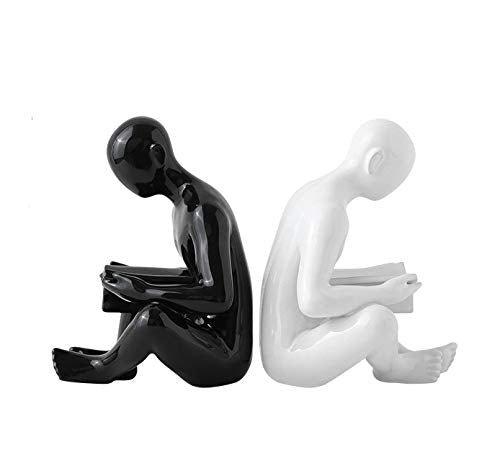 Handmade Creative Character Bookends Black and White Gold Ceramic Simple Desk Bookcase Living Room Decoration 7.1 in Two Pieces Set (Black & White)