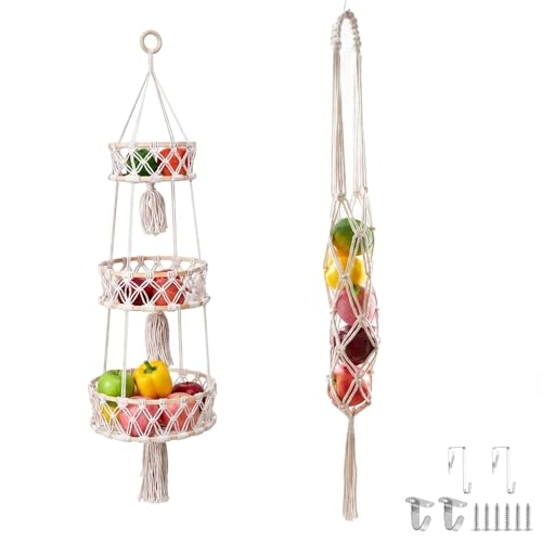 2 Pack Cotton Rope Hanging Fruit Basket - 3 Tier Storage Organizer for Kitchen, Macrame Plant Hanger, Decorative Boho Style Produce Holder with Hooks and Screws for Plants, Vegetable, Onion, Potato