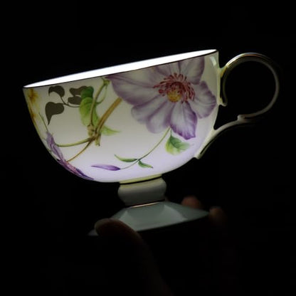 KAMMAK Tea Cups Set of 2,Ceramic Floral Pattern Demitasse Cup | Porcelain Espresso Cup with Saucer, 7.44 oz Handmade Elegant Bone China Tea Cups for Latte, Americano, Cappuccino - color: Begonia + Passionflower