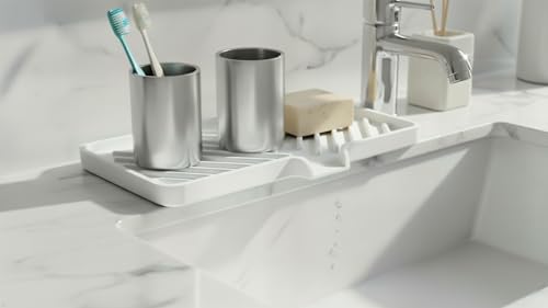 Silicone Soap Dish Tray and Sponge Holder with Drain Chute and Feet | 3-Way Sloped Design | Bathroom and Kitchen Sink Organizer Caddy (Black, 10"x4", 7.8 Ounces) - color: Black, size: 10"x4"