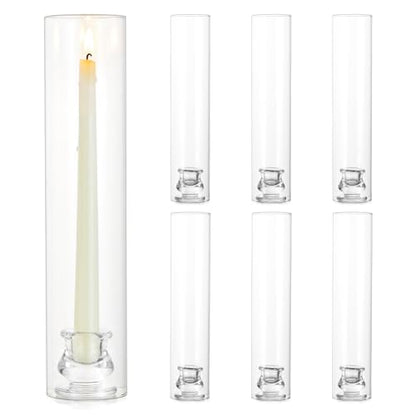 Hurricane Glass Candle Holders: 12" Tall Cylinder Cover Set of 6 | for 0.87" Taper, Windproof Chimney Cover, Clear Candlestick Holder for Wedding Table Centerpiece, Party, Birthday, Christmas - size: 12" H - 6 Pcs