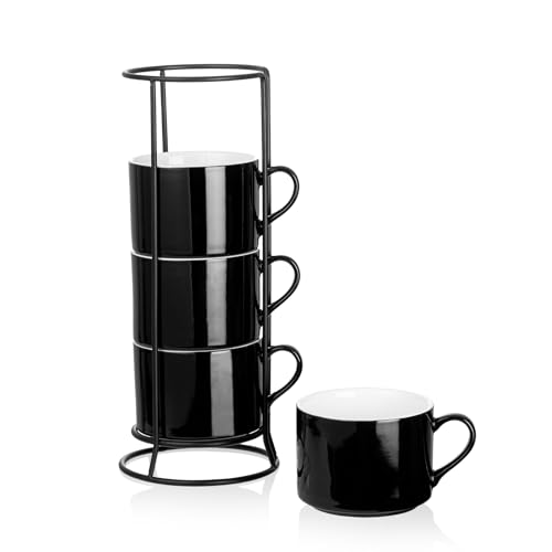 10oz Porcelain Stackable Coffee Mugs and Metal Stand Set of 4, Espresso Cups Set for Hot Drinks, Cappuccino, Tea-Black - color: Black