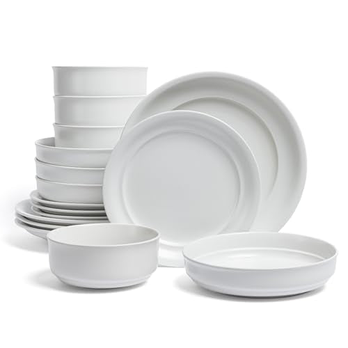 over&back Rim Dinnerware Set - Stoneware Dishes - Comes with 4 Dinner Plates, Salad Plates, Cereal Bowls, and Dinner Bowls - 16-Piece All-Occasion Place Settings - Serves Four - Semi-Matte White - color: White, size: Dinner Set | 16 Pieces