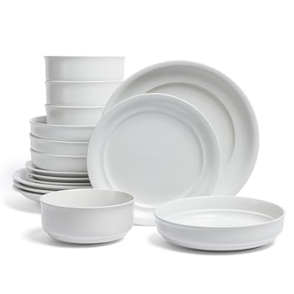 over&back Rim Dinnerware Set - Stoneware Dishes - Comes with 4 Dinner Plates, Salad Plates, Cereal Bowls, and Dinner Bowls - 16-Piece All-Occasion Place Settings - Serves Four - Semi-Matte White - color: White, size: Dinner Set | 16 Pieces