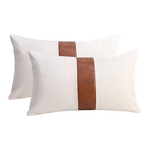 Set of 2 White Linen Patchwork Faux Leather Throw Lumbar Pillow Covers for Couch Living Room Bedroom,Modern Accent Decor Lumbar Covers 12X20 inch, Brown and White - color: White, size: 20" x 12" (Pack of 2)