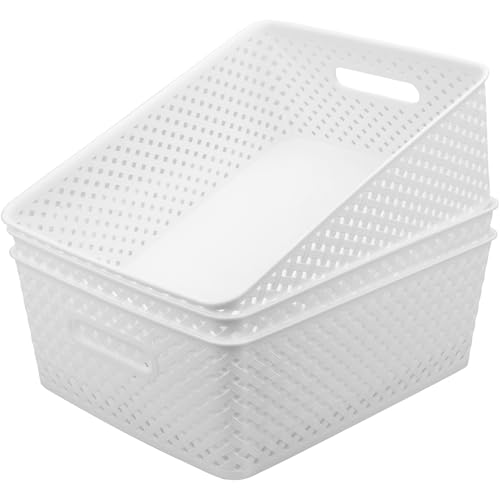 MaxGear 3 Pack Plastic Storage Baskets, Large, White | Durable Woven Plastic with Built-In Handles, Suitable for Shelves, Closets, Cabinets, Bathrooms and Offices - color: White, size: Large