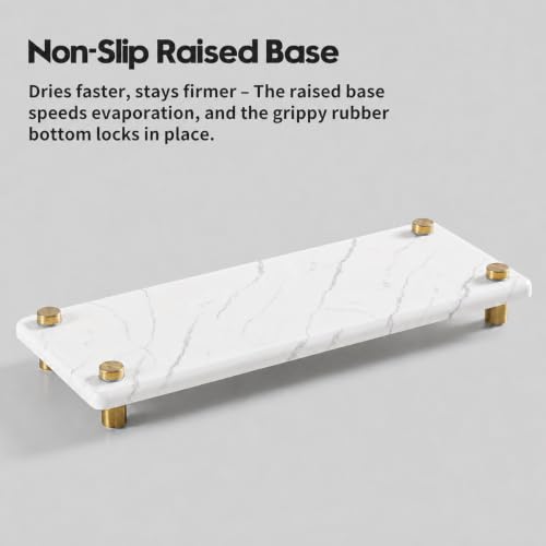 White Marble Pattern Style Water Absorbing Stone Sink Caddy, Bathroom & Kitchen Counter Organizer Tray, Faucet Drying Mat Soap Dish Rack Riser Dispenser Sponge Holder, Gold Metal Feet, 10" x 4" - color: 10"x 4" - Marble Pattern - Gold