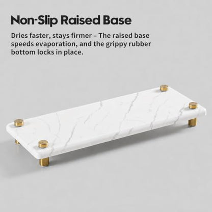 White Marble Pattern Style Water Absorbing Stone Sink Caddy, Bathroom & Kitchen Counter Organizer Tray, Faucet Drying Mat Soap Dish Rack Riser Dispenser Sponge Holder, Gold Metal Feet, 10" x 4" - color: 10"x 4" - Marble Pattern - Gold