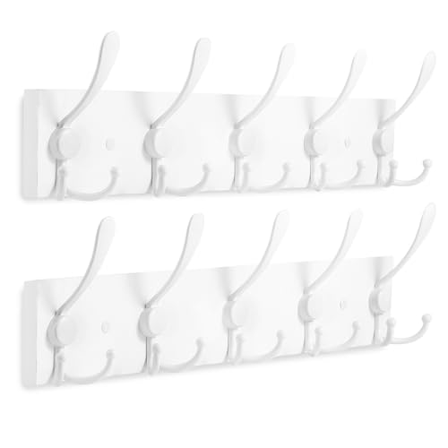 Kuhome 2pcs Coat Rack Wall Mount Coat Hooks Wooden Hat Rack for Wall Hooks Pine Real Wood Plank 16.9" White Coat Hanger with 5 White Triple Hooks for Hanging Coat Hat Jacket - color: Pure White Plate & White Hook, size: 2 Items-5 Hooks