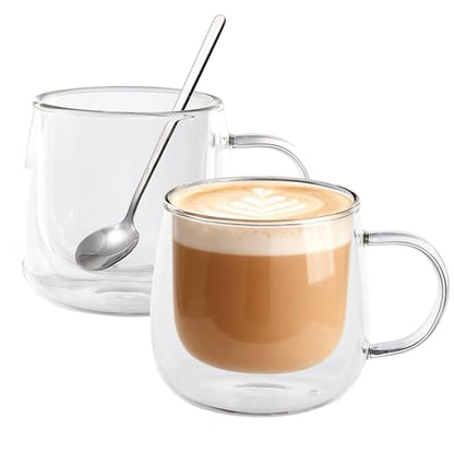 Double Wall Glass Coffee Mugs 10 Oz with Handle - Set of 2 | Insulated Clear Espresso Coffee Mug with Handle, Double Walled Coffee Cups for Cappuccino, Latte, Tea, Hot Drinks - color: 2 Packs