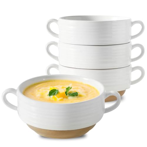 HASENSE French Onion Soup Bowls, 20 oz Ceramic Soup Bowls with Handle, Stacked Oven Safe Bowl Set, Perfect for Chili, Beef Stew, Pasta, White Soup Serving Bowls for Kitchen, Set of 4 - color: White, size: 20oz - 4pcs