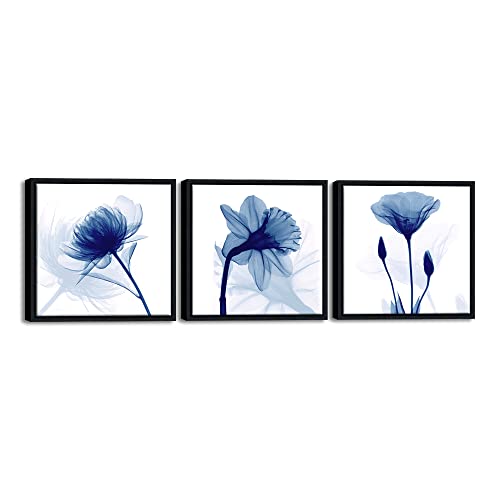 Wieco Art Framed Blue Abstract Flowers 3 Panels Canvas Prints Wall Art Modern Pictures Artwork for Living Room Bedroom Home and Office Decorations with Black Frame - size: 12x12inchx3pcs (Framed)