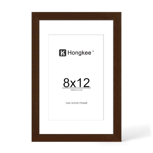 Hongkee 8x12 Oak Wood Picture Frame 1 Pack(Matted 6x9), Real Glass Cover | Walnut, 8 x 12 Solid Wood Frame for Wall or Tabletop Display - Includes Easel Back, Vertical Hang - Ideal for Home, Office - color: Walnut, size: 8X12 in