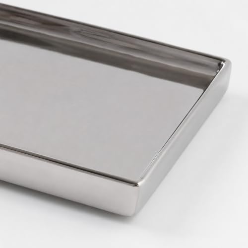 8" x 4" Shiny Silver Ceramic Vanity Tray, Rectangular Mirror Finish Jewelry Organizer, Elegant Trinket Dish for Makeup, Rings, Perfume and Small Bathroom Dresser Decor - size: 8" x 8" x 0.8"