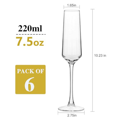 QAPPDA Champagne Flutes 7.5oz, Elegant Champagne Glasses Set of 6 | Wedding Flutes Glass, Ideal for Weddings, Anniversaries, Birthday, Christmas, Special Days - style: Slim Flute