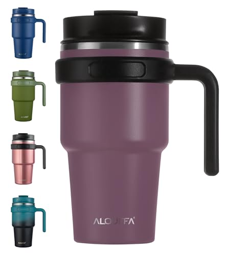 20 oz Insulated Travel Coffee Mug Tumbler with Handle and Straw | Leakproof Stainless Steel Coffee Cup with Lid, Double Wall Vacuum Ice Thermal Cup, Plum - color: Plum, size: 20 Ounces