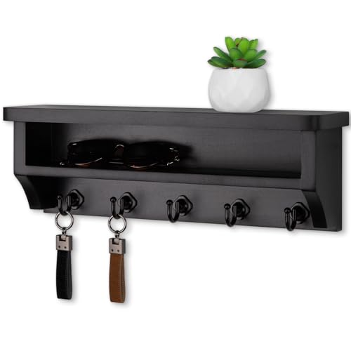 Nekon Key Holder Wall Mount, Wall Organizer Shelf with 5 Key Hooks | Wall Mounted Key Rack Room Decor for Home and Apartment Essentials - color: Black