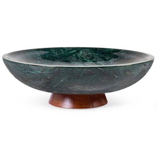 Decorative Marble Bowl Green - Handcrafted Natural Stone on Acacia Wood Pedestal - Versatile 10" Catch‑All Centrepiece for Home Decor - Entryway, Dining Table, Kitchen Fruit Bowl, Key Holder (Green) - color: Green