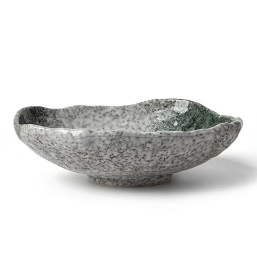 DOWAN 9.5" Wabi-Sabi Decorative Bowl, Irregular Moss Green Glazed Ceramic Catchall Bowl for Keys and Wallet, Stone Texture Centerpiece Table Bowl for Entryway, Living Room & Coffee Table Decor
