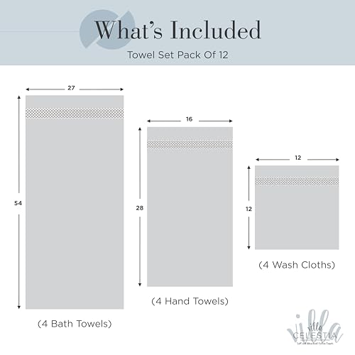 Villa Celestia 12-Piece 100% Cotton Towel Set, 4 Bath Towels, 4 Hand Towels, 4 Wash Cloth, Quick-Dry, Blue - color: Blue, size: Towel Set - Pack of 12