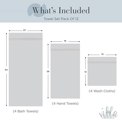 Villa Celestia 12-Piece 100% Cotton Towel Set, 4 Bath Towels, 4 Hand Towels, 4 Wash Cloth, Quick-Dry, Blue - color: Blue, size: Towel Set - Pack of 12