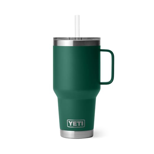 YETI Rambler 35 oz Tumbler with Handle and Straw Lid, Travel Mug Water Tumbler, Vacuum Insulated Cup with Handle, Stainless Steel, Black Forest Green - color: Black Forest Green, style: 35oz
