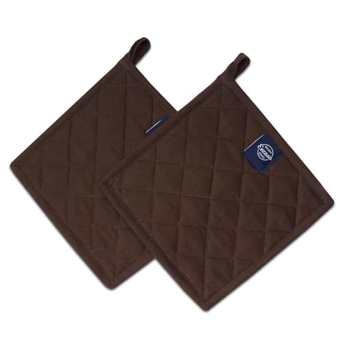 Encasa XO Pot Holders, Quilted Kitchen Hot Pads 8"x8" Dark Taupe & Beige | 100% Heavyweight Cotton | Quilted Insulation | Multipurpose Trivets & Hot Pads | Hanging Loop | Set of 2 - color: Dark Taupe & Beige