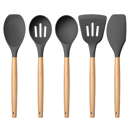 E-far Silicone Cooking Utensils Set, 5-Piece Kitchen Utensils Set with Wooden Handle for Cooking, Silicone Kitchen Nonstick Tools Spatula Turner Slotted Spoons, Nontoxic & Heat Resistant-Gray - color: Gray, size: 5