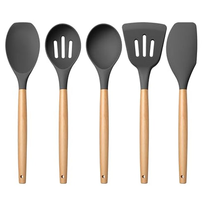 E-far Silicone Cooking Utensils Set, 5-Piece Kitchen Utensils Set with Wooden Handle for Cooking, Silicone Kitchen Nonstick Tools Spatula Turner Slotted Spoons, Nontoxic & Heat Resistant-Gray - color: Gray, size: 5