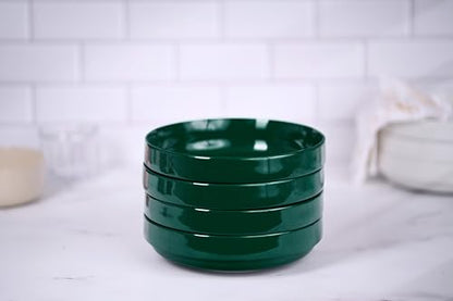KooK Ceramic Large Pasta Bowls, Microwave and Dishwasher Safe, Great for Soups and Salads, Shallow Serving Bowls, Glossy Porcelain, 47 oz, Set of 4, Hunter Green - color: Hunter Green