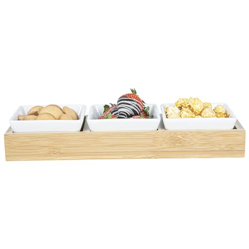 Restaurantware-6 Ounce Bowl Set with Tray - 1 Dishwashable Serving Set, Includes 3 Porcelain Bowls And 1 Bamboo Tray, Durable, White Porcelain And Bamboo Bowl And Platter Kit, Reusable, Freezable - size: Triple set, style: Modern