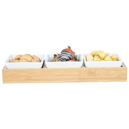 Restaurantware-6 Ounce Bowl Set with Tray - 1 Dishwashable Serving Set, Includes 3 Porcelain Bowls And 1 Bamboo Tray, Durable, White Porcelain And Bamboo Bowl And Platter Kit, Reusable, Freezable - size: Triple set, style: Modern