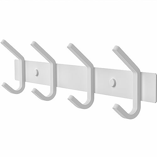White Coat Rack Wall Mount – 12 Inch Stainless Steel Hook Rail with 4 Heavy Duty Double Coat Hooks – Wall Mounted Coat Hanger for Entryway, Bathroom, Bedroom, Towel, Hat Organizer - color: White, size: 4 Hooks - 1 Pack