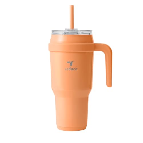 REDUCE 40 oz Stainless Steel Tumbler with Handle - Dual-Wall Vacuum Insulated Travel Mug, Sweat-Proof Lid & Reusable Straw - Keeps Drinks Cold for 24 Hrs, Fits Cupholders, Dishwasher Safe - Papaya - color: Papaya, size: 40 Ounces