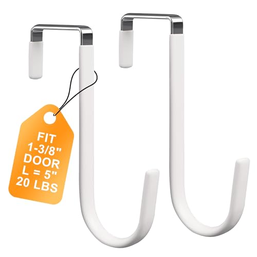 Over The Door Hooks 2 Pack – Heavy Duty Door Hanger Hooks for Hanging Towels, Bags, Robes, Clothes – No Drilling Over Door Hook, Dorm Essentials, Towel Racks for Bathroom, Bedroom, Closet