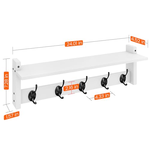 Coat Rack with Shelf Wall Mount, 24 Inch Long Wall Shelf with Hooks Underneath, Wood Hanging Coat Hanger with Hat Shelves for Entryway, Bathroom, Mudroom, White - color: White, size: 24 Inch Long