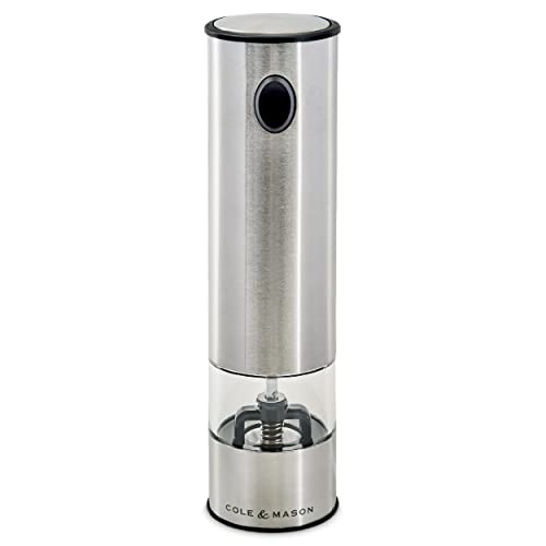 Cole & Mason Battersea Electronic Salt & Pepper Mill - One-Button Salt & Pepper Grinder - Refillable & Adjustable Salt & Pepper Shakers - Kitchen Accessories - Stainless Steel - 1 Pack