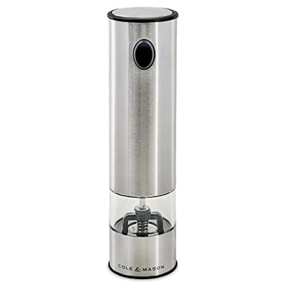 Cole & Mason Battersea Electronic Salt & Pepper Mill - One-Button Salt & Pepper Grinder - Refillable & Adjustable Salt & Pepper Shakers - Kitchen Accessories - Stainless Steel - 1 Pack