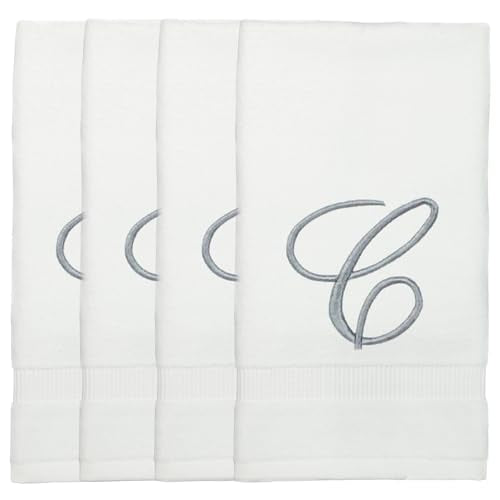 Monogrammed Fingertip Towels, Personalized Gift, 11 x 18 Inches - Set of 4 - Silver Script Embroidery - Extra Absorbent 100% Turkish Cotton- Soft Terry Velour- for Bathroom, Kitchen and Spa- C White - style: Initial C