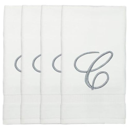 Monogrammed Fingertip Towels, Personalized Gift, 11 x 18 Inches - Set of 4 - Silver Script Embroidery - Extra Absorbent 100% Turkish Cotton- Soft Terry Velour- for Bathroom, Kitchen and Spa- C White - style: Initial C
