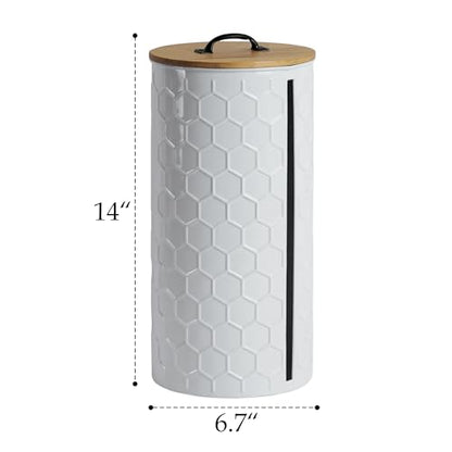 Metal Paper Towel Holder, Weighted Base with Suction Cups | White Honeycomb Pattern Embossed with Wooden Lid, Easy Tear Roll Dispenser for Kitchen Counter, Bars, Dining Tables - color: Honeycomb White