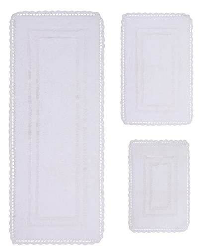 Home Weavers Casual Elegance Reversible Bathmat 100% Cotton Bathroom Rugs Set, Washable Rug, Extra Soft and Absorbent Bath Rug, Kitchen Mat, Bath Mat Set, Non Slip Mat, 3 Piece Set with Runner, White - color: White, size: 1'9" x 4'6" (Rectangular)