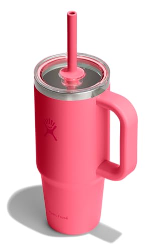 Hydro Flask Travel Tumbler with Handle, Clear Lid and Straw - Insulated Stainless Steel - color: POPSTAR PINK, size: 24 Ounces