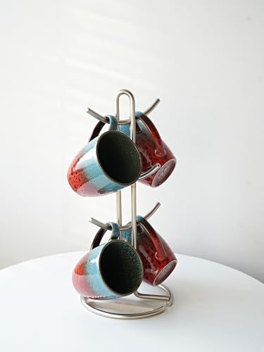 Bosmarlin Ceramic Coffee Mug Set of 4, 17 Oz, Coffee Cups with Big Handle, Microwave Safe, Unique Reactive Glaze (Blue&Red) - color: Blue&Red