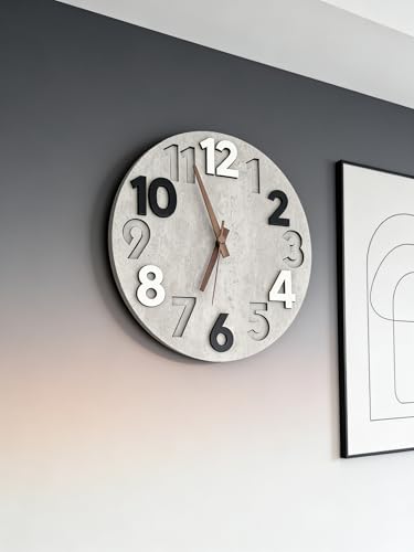 12-inch Silent Wall Clock, White-Gray | 3D Raised Numerals, Wooden Dial, Model: M-8845 - color: White-gray