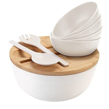 ShineMe Salad Bowl Set, 9.8inches Large Salad Bowl with Lid, Bamboo Salad Serving Bowl with 4pack Small Snack Bowls and Servers(Fork & Spoon) for Mixing Salad, Vegetables and Pasta(White) - color: White
